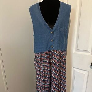 VTG 90s Casey & Max Denim Plaid Jumper Dress Sleeveless Maxi Pockets L